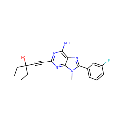 CCC(O)(C#Cc1nc(N)c2nc(-c3cccc(F)c3)n(C)c2n1)CC ZINC000013861461