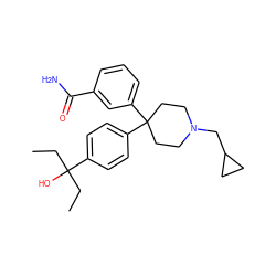 CCC(O)(CC)c1ccc(C2(c3cccc(C(N)=O)c3)CCN(CC3CC3)CC2)cc1 ZINC000045351528