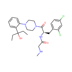 CCC(O)(CC)c1ccccc1N1CCN(C(=O)[C@@H](Cc2ccc(Cl)cc2Cl)NC(=O)CNC)CC1 ZINC000042834525