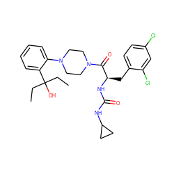 CCC(O)(CC)c1ccccc1N1CCN(C(=O)[C@@H](Cc2ccc(Cl)cc2Cl)NC(=O)NC2CC2)CC1 ZINC000044386967