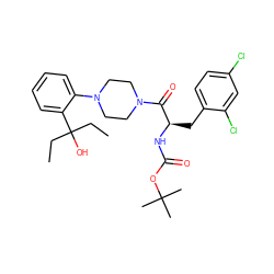 CCC(O)(CC)c1ccccc1N1CCN(C(=O)[C@@H](Cc2ccc(Cl)cc2Cl)NC(=O)OC(C)(C)C)CC1 ZINC000044386970