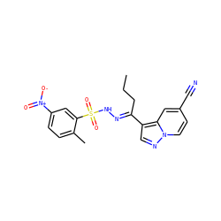 CCC/C(=N\NS(=O)(=O)c1cc([N+](=O)[O-])ccc1C)c1cnn2ccc(C#N)cc12 ZINC000073198579