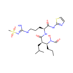 CCC[C@@H]([C@@H](CC(C)C)C(=O)N[C@@H](CCCN/C(N)=N/S(C)(=O)=O)C(=O)Nc1nccs1)N(O)C=O ZINC000027436845