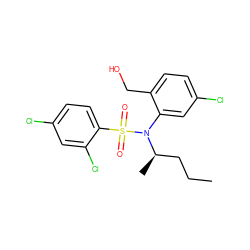 CCC[C@@H](C)N(c1cc(Cl)ccc1CO)S(=O)(=O)c1ccc(Cl)cc1Cl ZINC000028823179