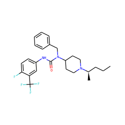 CCC[C@@H](C)N1CCC(N(Cc2ccccc2)C(=O)Nc2ccc(F)c(C(F)(F)F)c2)CC1 ZINC001772642066