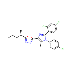 CCC[C@@H](C)c1nnc(-c2nc(-c3ccc(Cl)cc3Cl)n(-c3ccc(Cl)cc3)c2C)o1 ZINC000040934303