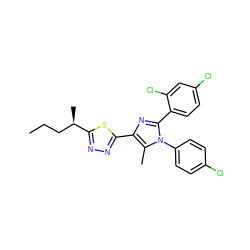 CCC[C@@H](C)c1nnc(-c2nc(-c3ccc(Cl)cc3Cl)n(-c3ccc(Cl)cc3)c2C)s1 ZINC000040874850