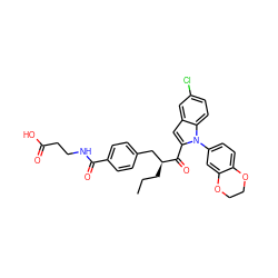 CCC[C@@H](Cc1ccc(C(=O)NCCC(=O)O)cc1)C(=O)c1cc2cc(Cl)ccc2n1-c1ccc2c(c1)OCCO2 ZINC000060328080