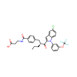 CCC[C@@H](Cc1ccc(C(=O)NCCC(=O)O)cc1)C(=O)c1cc2cc(Cl)ccc2n1-c1cccc(OC(F)(F)F)c1 ZINC000060327837