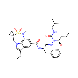 CCC[C@@H](O)N(NC[C@H](Cc1ccccc1)NC(=O)c1cc2c3c(c1)c(CC)cn3CC1(CC1)S(=O)(=O)N2C)C(=O)NCC(C)C ZINC000473233264