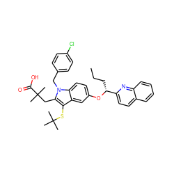 CCC[C@@H](Oc1ccc2c(c1)c(SC(C)(C)C)c(CC(C)(C)C(=O)O)n2Cc1ccc(Cl)cc1)c1ccc2ccccc2n1 ZINC000026466674
