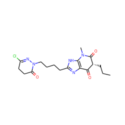 CCC[C@@H]1C(=O)c2nc(CCCCN3N=C(Cl)CCC3=O)[nH]c2N(C)C1=O ZINC000100034564