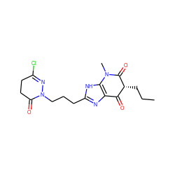 CCC[C@@H]1C(=O)c2nc(CCCN3N=C(Cl)CCC3=O)[nH]c2N(C)C1=O ZINC000100034622