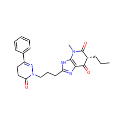 CCC[C@@H]1C(=O)c2nc(CCCN3N=C(c4ccccc4)CCC3=O)[nH]c2N(C)C1=O ZINC000100034670