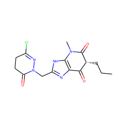 CCC[C@@H]1C(=O)c2nc(CN3N=C(Cl)CCC3=O)[nH]c2N(C)C1=O ZINC000100034591