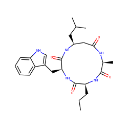 CCC[C@@H]1NC(=O)[C@H](C)NC(=O)C[C@H](CC(C)C)NC(=O)[C@H](Cc2c[nH]c3ccccc23)NC1=O ZINC000084729317