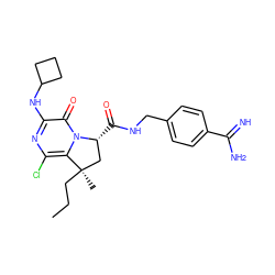 CCC[C@]1(C)C[C@@H](C(=O)NCc2ccc(C(=N)N)cc2)n2c1c(Cl)nc(NC1CCC1)c2=O ZINC000095589718