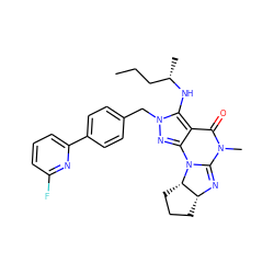 CCC[C@H](C)Nc1c2c(nn1Cc1ccc(-c3cccc(F)n3)cc1)N1C(=N[C@@H]3CCC[C@@H]31)N(C)C2=O ZINC000653701748