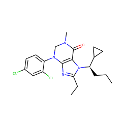 CCC[C@H](C1CC1)n1c(CC)nc2c1C(=O)N(C)CN2c1ccc(Cl)cc1Cl ZINC000001491975