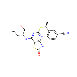 CCC[C@H](CO)Nc1nc(S[C@@H](C)c2cccc(C#N)c2)nc2[nH]c(=O)sc12 ZINC000095602546