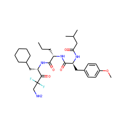 CCC[C@H](NC(=O)[C@H](Cc1ccc(OC)cc1)NC(=O)CC(C)C)C(=O)N[C@@H](CC1CCCCC1)C(=O)C(F)(F)CN ZINC000027732623