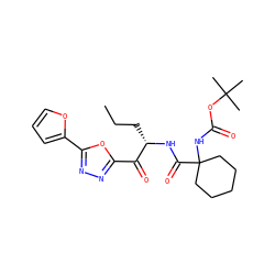 CCC[C@H](NC(=O)C1(NC(=O)OC(C)(C)C)CCCCC1)C(=O)c1nnc(-c2ccco2)o1 ZINC000040565375