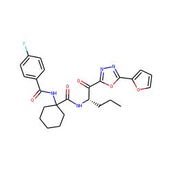 CCC[C@H](NC(=O)C1(NC(=O)c2ccc(F)cc2)CCCCC1)C(=O)c1nnc(-c2ccco2)o1 ZINC000040763045