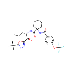 CCC[C@H](NC(=O)C1(NC(=O)c2ccc(OC(F)(F)F)cc2)CCCCC1)C(=O)c1nnc(C(C)(C)C)o1 ZINC000043524324