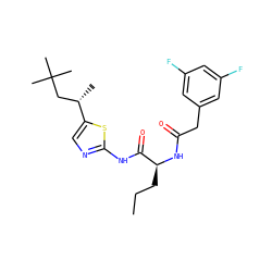 CCC[C@H](NC(=O)Cc1cc(F)cc(F)c1)C(=O)Nc1ncc([C@@H](C)CC(C)(C)C)s1 ZINC000028827419