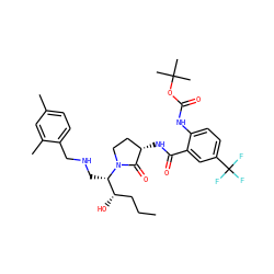 CCC[C@H](O)[C@H](CNCc1ccc(C)cc1C)N1CC[C@H](NC(=O)c2cc(C(F)(F)F)ccc2NC(=O)OC(C)(C)C)C1=O ZINC000003986215