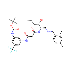 CCC[C@H](O)[C@H](CNCc1ccc(C)cc1C)NC(=O)CC(=O)Nc1cc(NC(=O)OC(C)(C)C)cc(C(F)(F)F)c1 ZINC000084634923