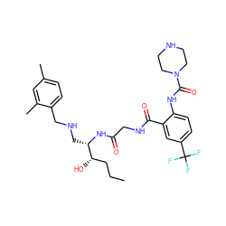 CCC[C@H](O)[C@H](CNCc1ccc(C)cc1C)NC(=O)CNC(=O)c1cc(C(F)(F)F)ccc1NC(=O)N1CCNCC1 ZINC000084617140