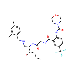 CCC[C@H](O)[C@H](CNCc1ccc(C)cc1C)NC(=O)CNC(=O)c1cc(C(F)(F)F)ccc1NC(=O)N1CCOCC1 ZINC000084587229