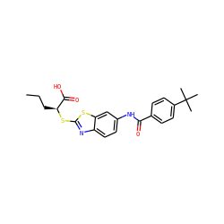 CCC[C@H](Sc1nc2ccc(NC(=O)c3ccc(C(C)(C)C)cc3)cc2s1)C(=O)O ZINC000002189411