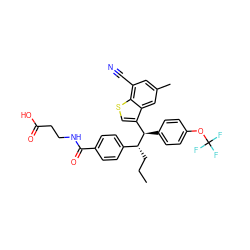 CCC[C@H](c1ccc(C(=O)NCCC(=O)O)cc1)[C@H](c1ccc(OC(F)(F)F)cc1)c1csc2c(C#N)cc(C)cc12 ZINC001772622964