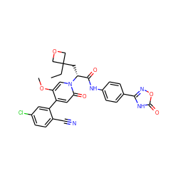 CCC1(C[C@H](C(=O)Nc2ccc(-c3noc(=O)[nH]3)cc2)n2cc(OC)c(-c3cc(Cl)ccc3C#N)cc2=O)COC1 ZINC001772575979