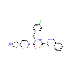 CCC1(CC#N)CCN(C(=O)[C@H](Cc2ccc(Cl)cc2)NC(=O)[C@H]2Cc3ccccc3CN2)CC1 ZINC000028949811