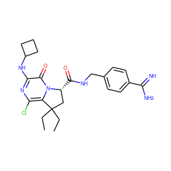 CCC1(CC)C[C@@H](C(=O)NCc2ccc(C(=N)N)cc2)n2c1c(Cl)nc(NC1CCC1)c2=O ZINC000036413213