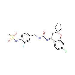 CCC1(CC)C[C@@H](NC(=O)NCc2ccc(NS(C)(=O)=O)c(F)c2)c2ccc(Cl)cc2O1 ZINC000169704430