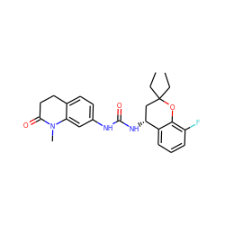 CCC1(CC)C[C@@H](NC(=O)Nc2ccc3c(c2)N(C)C(=O)CC3)c2cccc(F)c2O1 ZINC000143537056