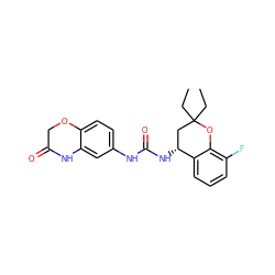 CCC1(CC)C[C@@H](NC(=O)Nc2ccc3c(c2)NC(=O)CO3)c2cccc(F)c2O1 ZINC000143422763