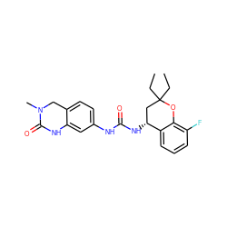 CCC1(CC)C[C@@H](NC(=O)Nc2ccc3c(c2)NC(=O)N(C)C3)c2cccc(F)c2O1 ZINC000143420370