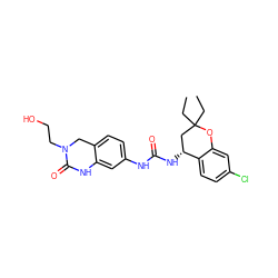 CCC1(CC)C[C@@H](NC(=O)Nc2ccc3c(c2)NC(=O)N(CCO)C3)c2ccc(Cl)cc2O1 ZINC000143583537