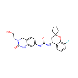 CCC1(CC)C[C@@H](NC(=O)Nc2ccc3c(c2)NC(=O)N(CCO)C3)c2cccc(F)c2O1 ZINC000143560255