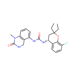 CCC1(CC)C[C@@H](NC(=O)Nc2cccc3c2CNC(=O)N3C)c2cccc(F)c2O1 ZINC000144341969