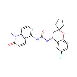 CCC1(CC)C[C@@H](NC(=O)Nc2cccc3c2ccc(=O)n3C)c2cc(F)ccc2O1 ZINC000145711776