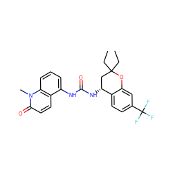 CCC1(CC)C[C@@H](NC(=O)Nc2cccc3c2ccc(=O)n3C)c2ccc(C(F)(F)F)cc2O1 ZINC000145680604