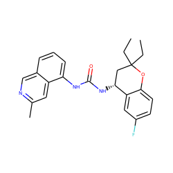 CCC1(CC)C[C@@H](NC(=O)Nc2cccc3cnc(C)cc23)c2cc(F)ccc2O1 ZINC000059264537