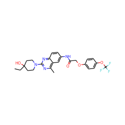 CCC1(O)CCN(c2nc(C)c3cc(NC(=O)COc4ccc(OC(F)(F)F)cc4)ccc3n2)CC1 ZINC000084587202