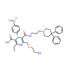 CCC1=C(C(N)=O)[C@H](c2ccc([N+](=O)[O-])cc2)C(C(=O)NCCCN2CCC(c3ccccc3)(c3ccccc3)CC2)=C(COCCN)N1 ZINC000026724522